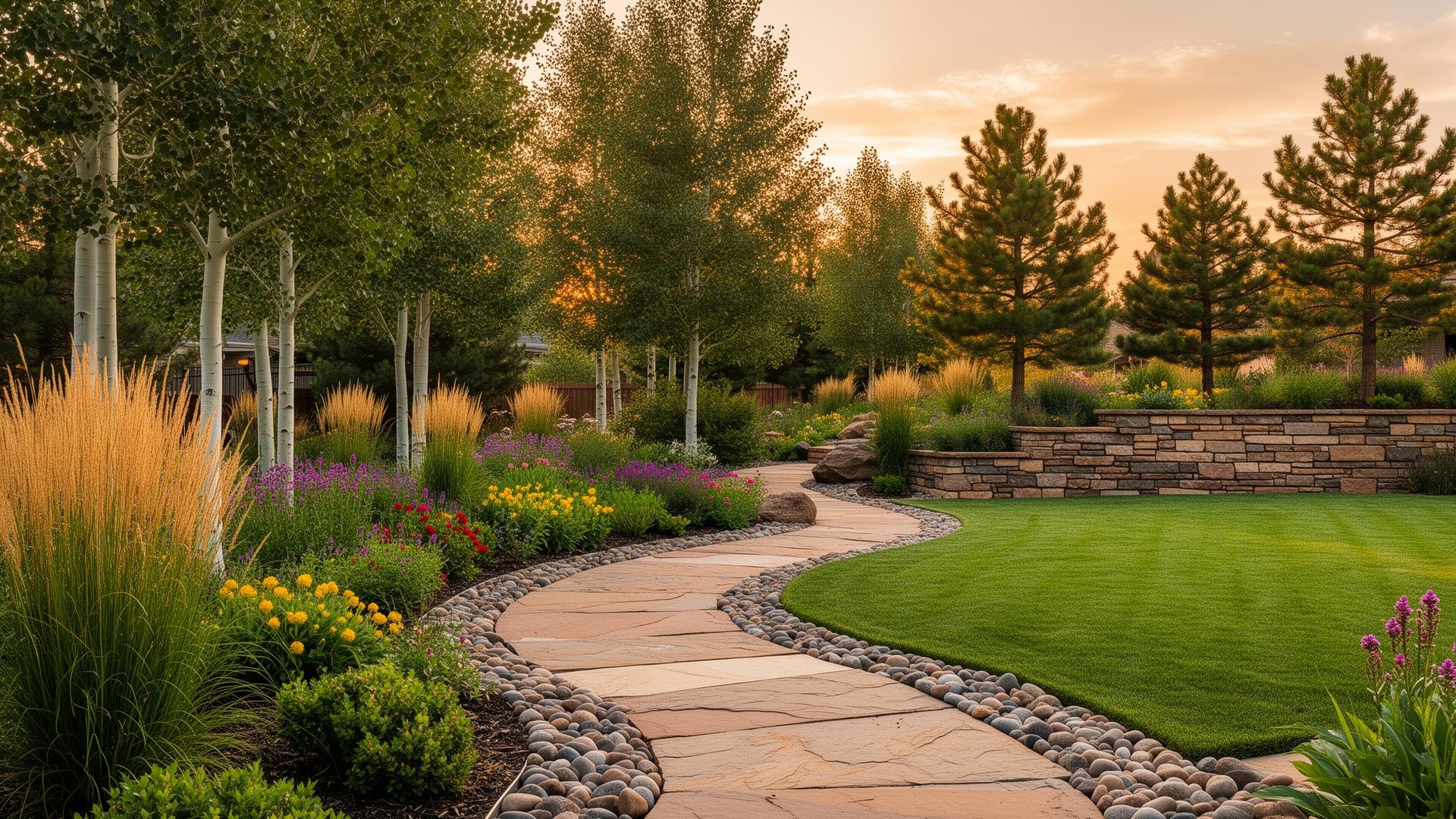 Manicured Colorado backyard with flagstone walkway, stacked-stone retaining wall, perennial gardens and lush sod lawn by R&R Landscaping