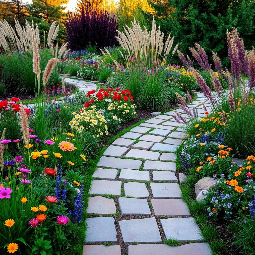 Flagstone pathway through a planted garden bed
