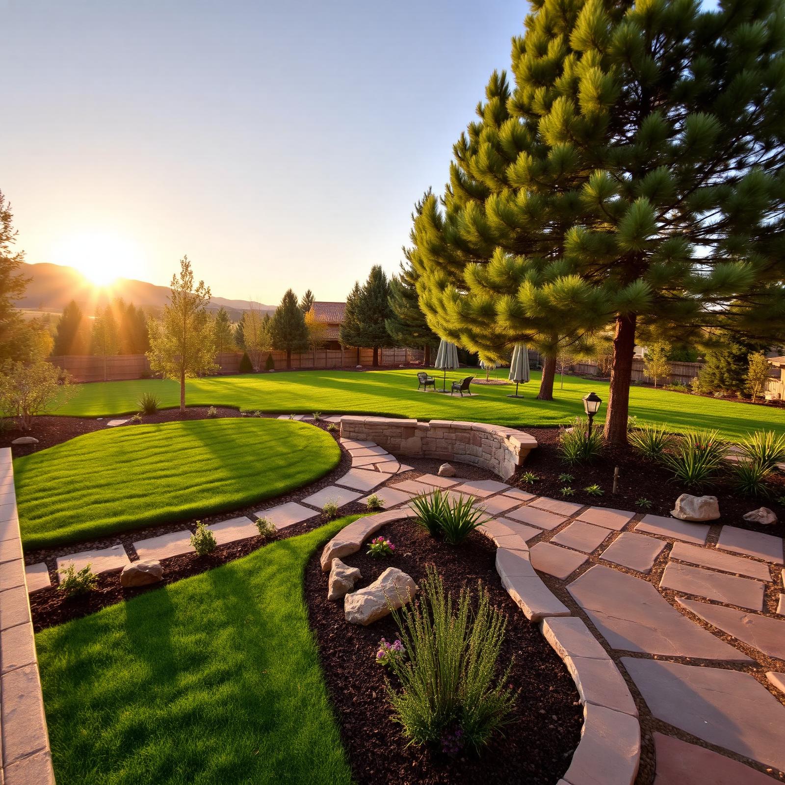 Tranquil backyard garden with patio and lush planting in Denver, CO