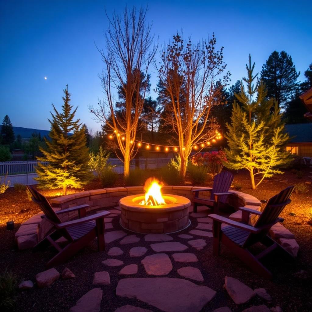 Backyard fire-pit lounge illuminated by landscape lighting