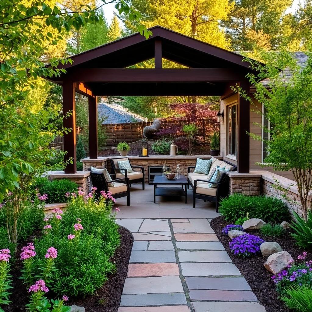 Outdoor patio seating area surrounded by lush greenery