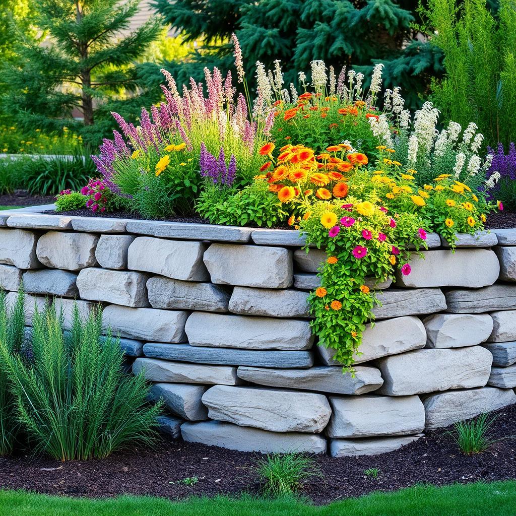 Natural stone retaining wall with mixed perennial planting